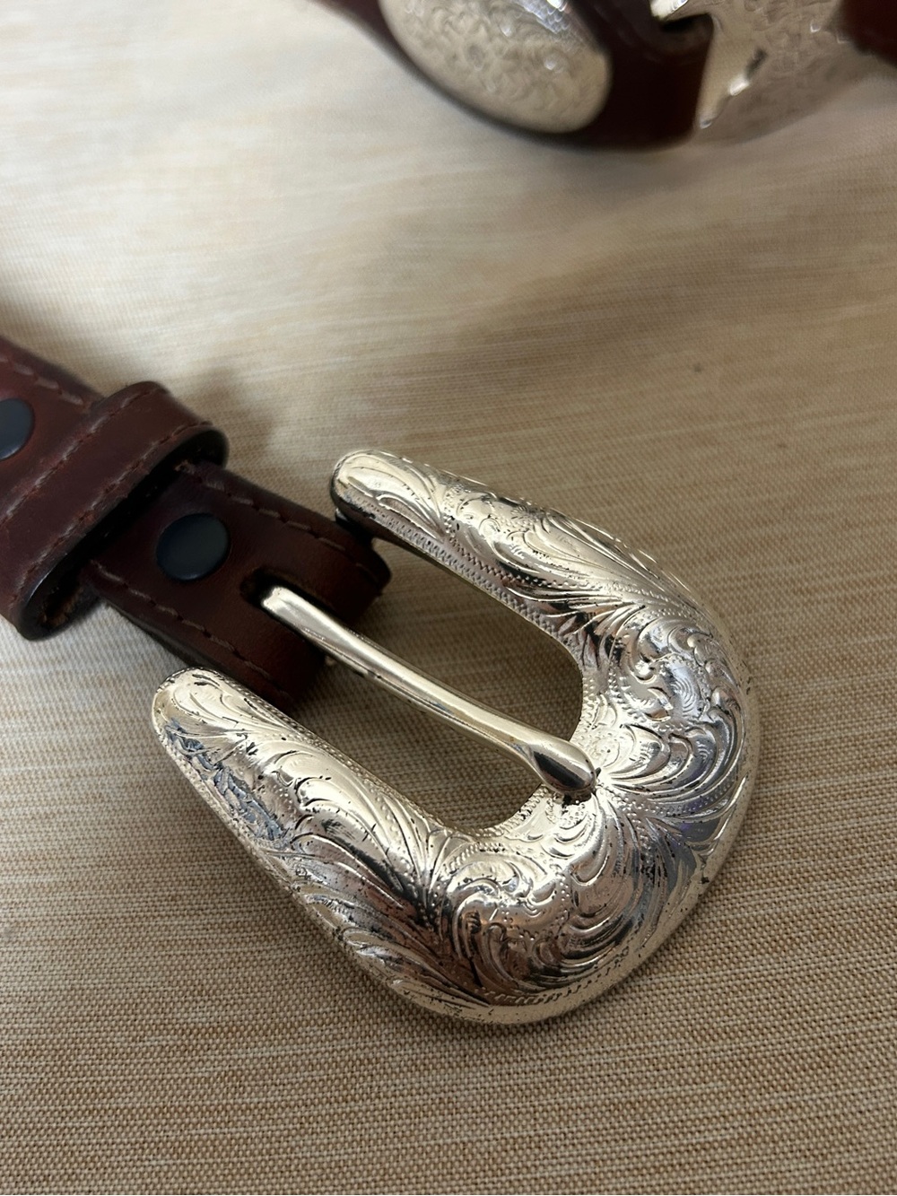 Tony Lama Vintage Dark Brown Leather Belt with Silver Engraved Conchos. - Picture 2 of 7
